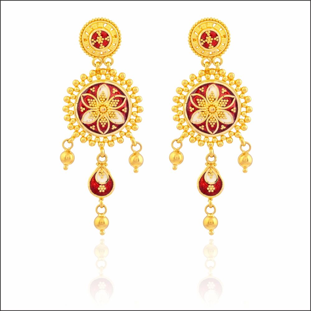 Aisshpra Gold Earrings in 22 Kt Kolkata Style Meena Design Jewellery for Women